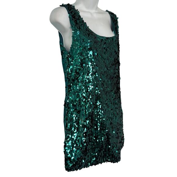 Vintage 70s 80s Emerald Green Sequin Open Back Bow Mini Dress size M de la Hooke - Picture 6 of 9